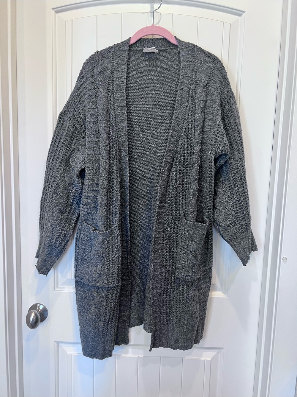 BiBi Grey Cable Knit Open-Front Cardigan Pockets Sz Large